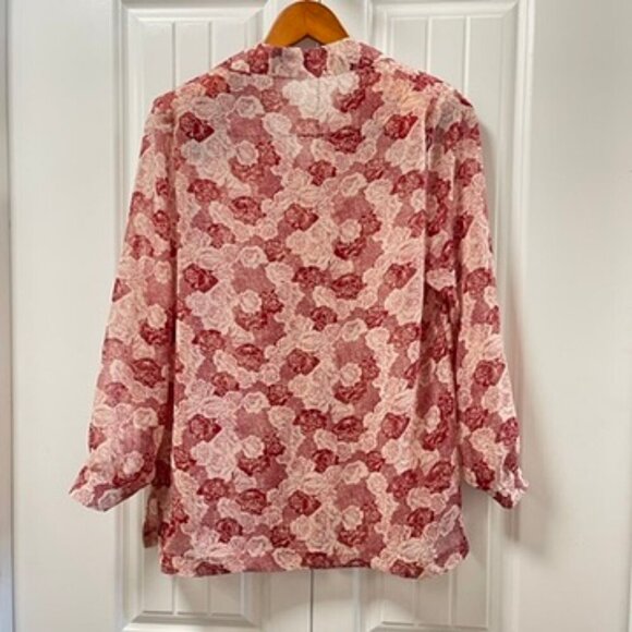 Vintage Sheer Floral Rose Button up Collar Blouse Red & White - Picture 2 of 14
